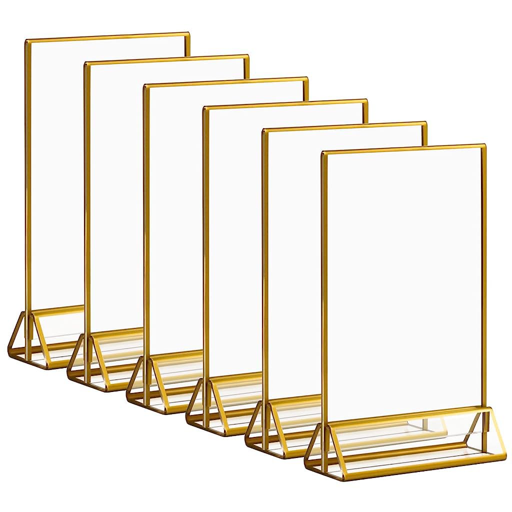 Climberty 6Pcs Acrylic Gold Sign Holders, 4x6 inch Clear Picture Frames with Gold Borders and Vertical Stand, Double Sided Table Menu Display Stand for Restaurant Signs, Wedding Table and Photos Climberty 6Pcs Acrylic Gold Sign Holders, 4x6 inch Clear Picture Frames with Gold Borders and Vertical Stand, Double Sided Table Menu Display Stand for Restaurant Signs, Wedding Table and Photos